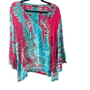 GreaterGood Womens L/XL Tie Dye Dashiki Tunic Top Pink Turquoise Hippie Festival
